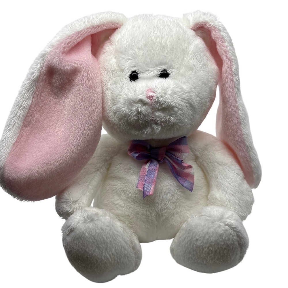 White Bunny Plush Toy Stuffed Animal Pink Ears Purple Bow Kids Easter Rabbit